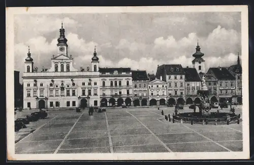 AK Budweis-Ceske Budejovice, Ringplatz mit Rathaus, Gasthof von Hosek, Buchhandlung, Kravatny Pradlo