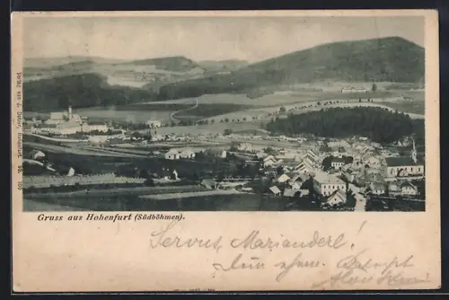 AK Hohenfurt /Südböhmen, Ortsansicht mit Hügeln