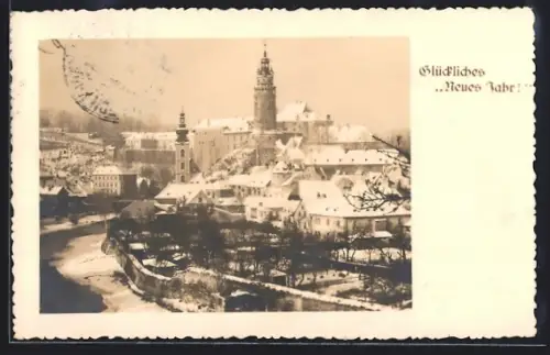 AK Krummau, Ortsansicht im Schnee