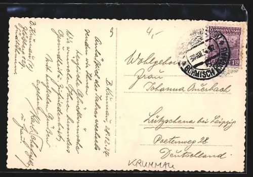 AK Krummau, Ortsansicht im Schnee