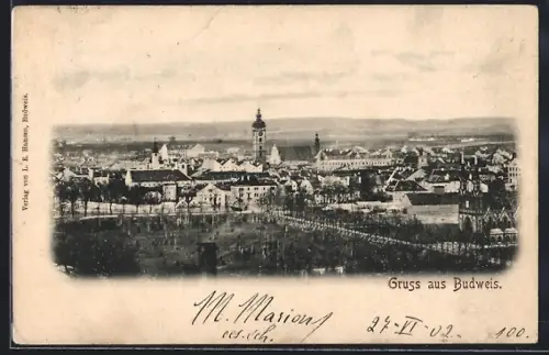 AK Budweis, Ortsansicht mit Blick zur Kirche