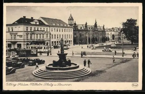 AK Elbing, Kaiser-Wilhelm-Platz und Brunnen, Strassenbahn