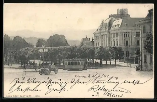 AK Fribourg, Strassenpartie mit Strassenbahn