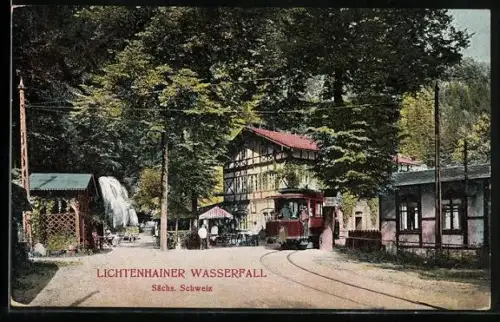 AK Kirnitzschtal, Strassenbahn am Gasthaus Lichtenhainer Wasserfall