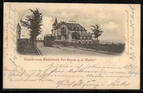 AK Essen, Gasthof Ruhrstein mit Strassenbahn