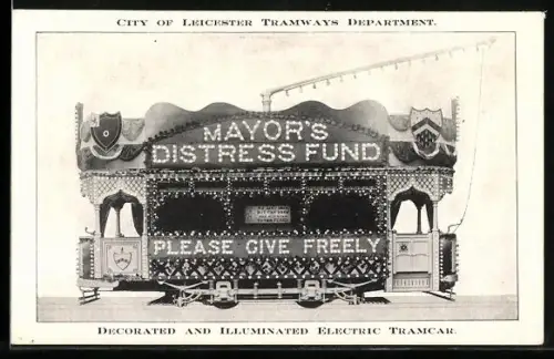AK Leicester, Decorated and Illuminated Electric Tramcar, Strassenbahn