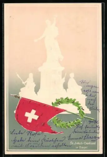AK Basel, St. Jakob-Denkmal und Schweizer Flagge