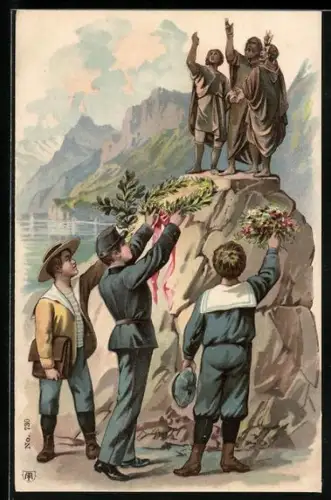 Lithographie Soldat und Matrose geben Kranz und Blumen zu einem Denkmal