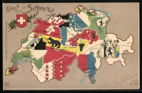 AK Schweiz, Landkarte, Kantone mit Wappen