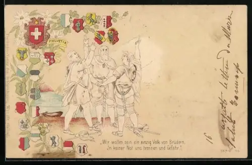 Präge-AK Wappen der Schweiz, Drei Männer schütteln sich die Hände