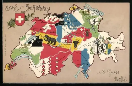 AK Schweiz, Landkarte, Kantone mit Wappen