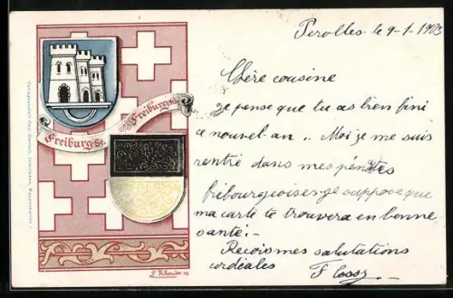 Lithographie Freiburg, Wappen vor dekorativem Hintergrund