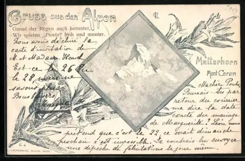 Lithographie Blick zum Matterhorn mit Blumen