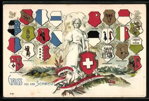 Lithographie Helvetia mit Schweizer Wappen und den Wappen der Schweizer Regionen