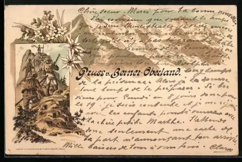 Lithographie Wanderer beim Erklimmen eines Berges, Gruss v. Berner-Oberland
