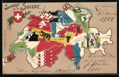 AK Schweiz, Landkarte, Kantone mit Wappen