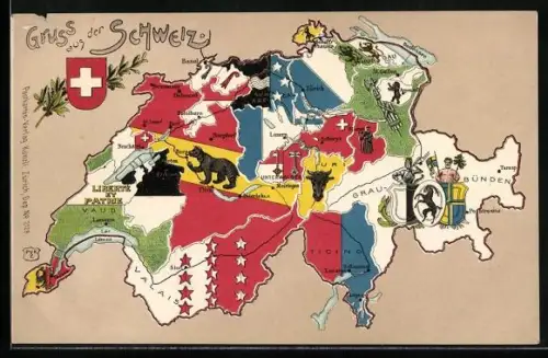 Lithographie Karte der Schweiz mit den verschiedenen Regionen