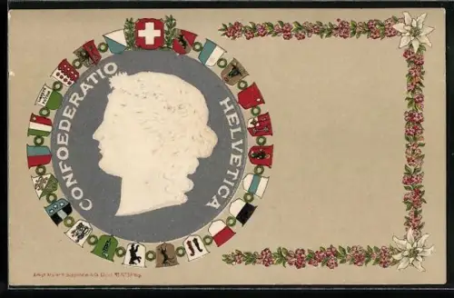 AK Schweiz, Helvetia, Wappen der Kantone, Edelweiss