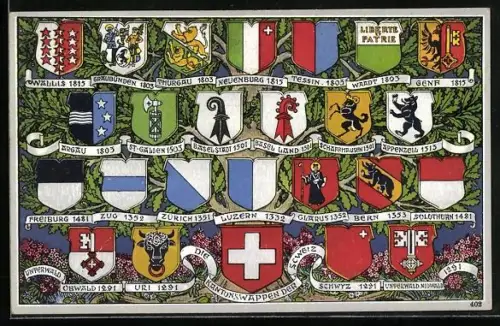 AK Schwyz, Die Kantonswappen der Schweiz 1291, Wappen von Thurgau, Tessin, Waadt