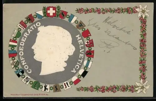 Präge-AK Helvetia im Profil mit den Wappen der Schweiz