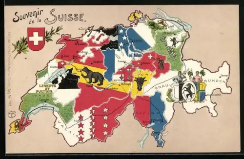 Lithographie Schweiz, Landkarte mit den Kantonen der Schweiz, Wappen