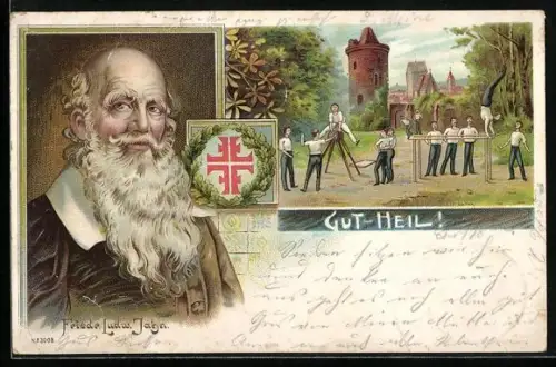 Lithographie Hamburg-Bergedorf, Portrait von Friedr. Ludw. Jahn, Trainierende Turner