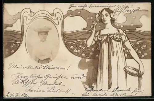 Foto-AK Portrait Frau mit Kleid und rundem Hut im Jugendstil-Passepartout