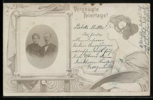 Foto-AK Frau und Mann im Portrait im Passepartout, gebildet aus Maler-Staffelei