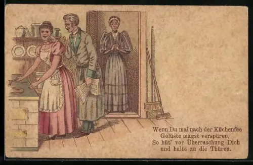 Lithographie Mann im Hause schäkert mit dem Küchenmädchen, Erotik