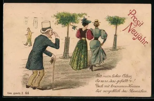 AK Älterer Mann mit Zylinder schaut zwei Damen hinterher, Erotik