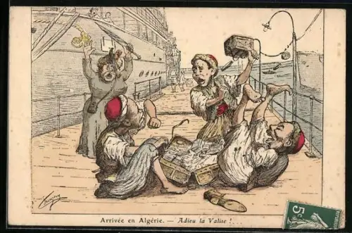 Künstler-AK Algérie, Piraten mit Koffer von Frau, Kolonialhumor