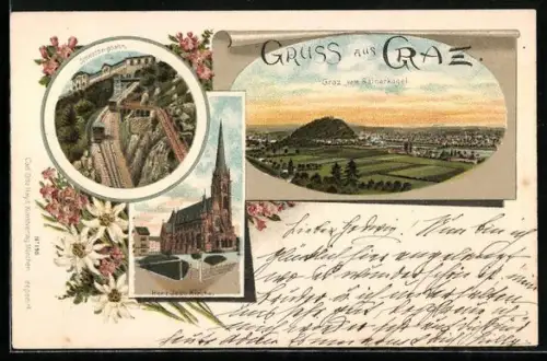 Lithographie Graz, Schlossbergbahn, Herz-Jesu-Kirche, Ortsansicht
