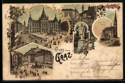 Lithographie Graz, Hauptplatz, Herz-Jesu-Kirche, Auersperg-Denkmal