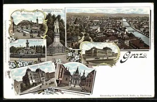 Lithographie Graz, Schlossberg, Anastasius Grün-Denkmal, Technische Hochschule, Universität