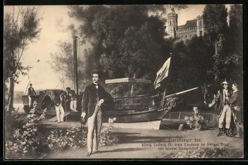 AK König Ludwig II. erste Landung zu Schloss Berg mit dem Dampfschiff Tristan, Starnberger See