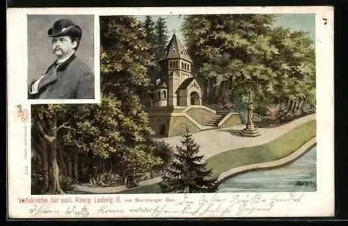 AK Votivkirche am Starnberger See, Portrait König Ludwig II.