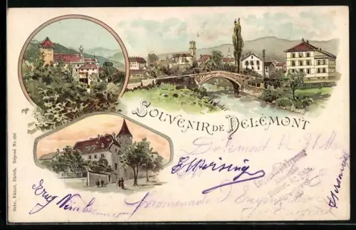 Lithographie Delemont, Ortspartien mit Gebäudenansicht und Kirche