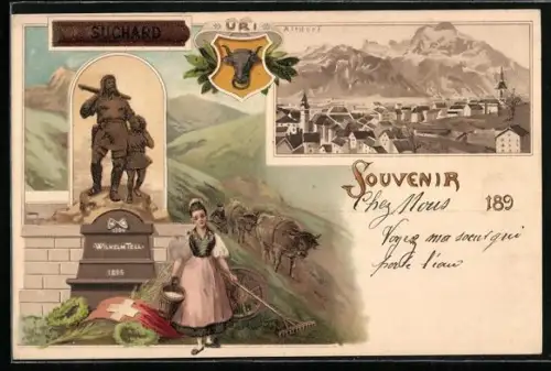 Lithographie Altdorf, Kakao Suchard, Bäuerin am Wilhelm Tell-Denkmal, Ortsansicht