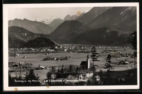 AK Golling, Ortsansicht mit S. Nikolaus gegen Lammertal und Dachstein