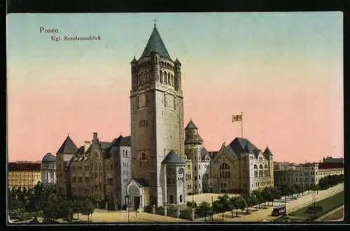 AK Posen / Poznan, Kgl. Residenzschloss, Strassenbahn
