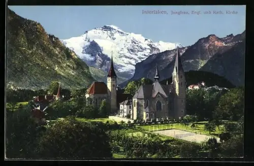 AK Interlaken, Englische u. Kath. Kirche mit Jungfrau
