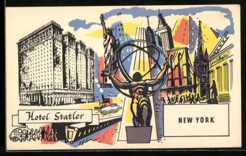 Künstler-AK New York, NY, Hotel Statler, Freiheitsstatue, Empire State Building