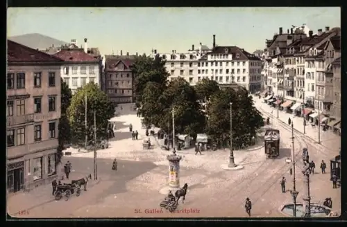 AK St. Gallen, Marktplatz mit Strassenbahn, Denkmal und Häusern