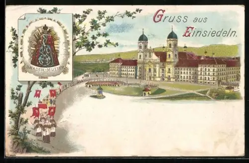 Lithographie Einsiedeln, Gnaden-Mutter, Blick zum Schloss