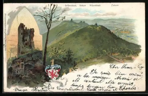Lithographie Haegen, Burgruine Gross-Geroldseck, Panorama mit Ruine & Zabern