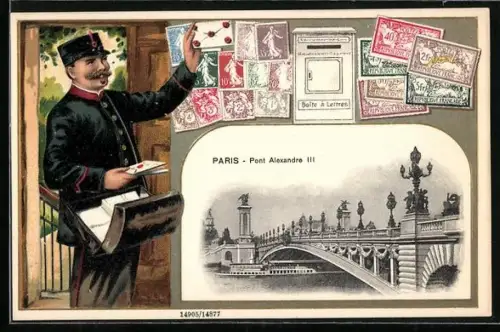 AK Paris, Pont Alexandre III., Briefträger mit Brief, versch. Briefmarken