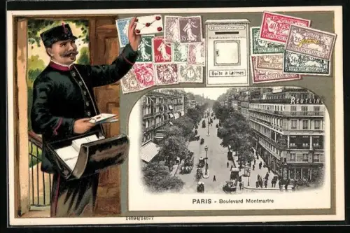 AK Paris, Boulevard Montmartre, Französischer Briefträger verteilt Briefe, Briefmarken