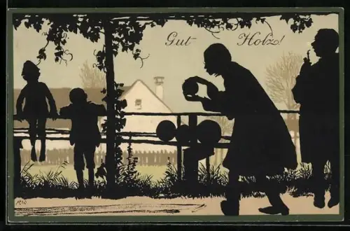 AK Schattenbild, Familie an der Kegelbahn