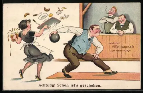 Künstler-AK Kegler schlägt Kellnerin Tablett aus der Hand, Achtung! Schon ist`s geschehen!