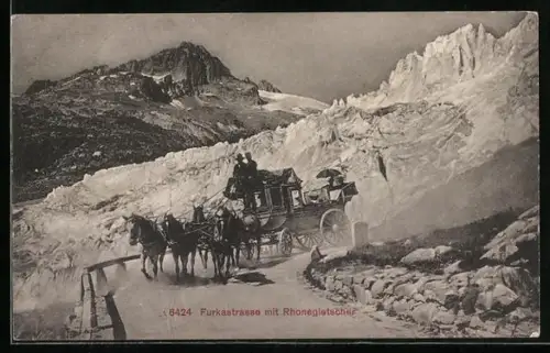 AK Furkastrasse mit Rhonegletscher, Pferdekutsche